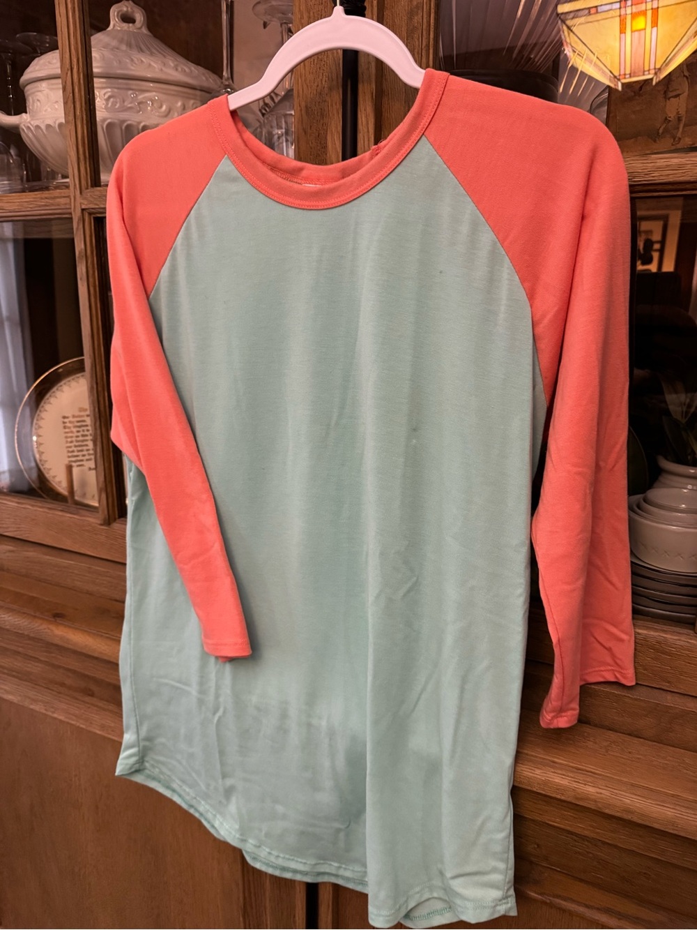 LuLaRoe Coral Sleeve Mint Body Raglan Long Sleeve Top